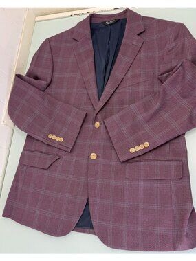 Jos A Bank Traveler Blazer 42S Windowpane Burgundy Stretch 2 Button Double Vent